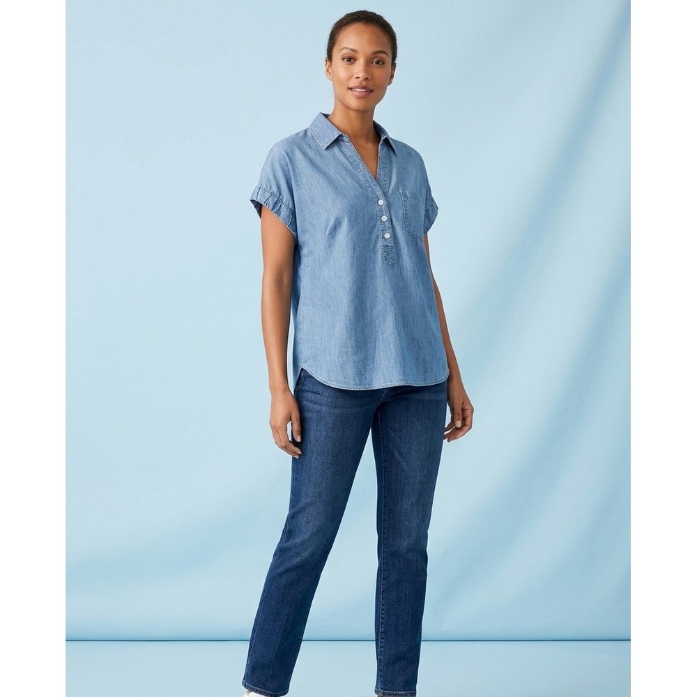 Talbots Womens Small Blue 100%‎ Cotton Chambray Short Sleeve Button Down Shirt